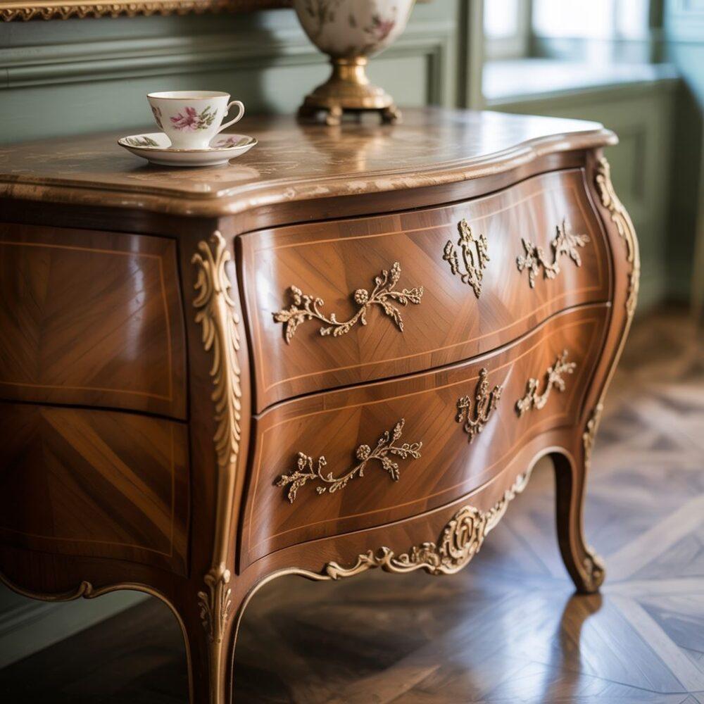 antyczna komoda z mosiężnymi uchwytami