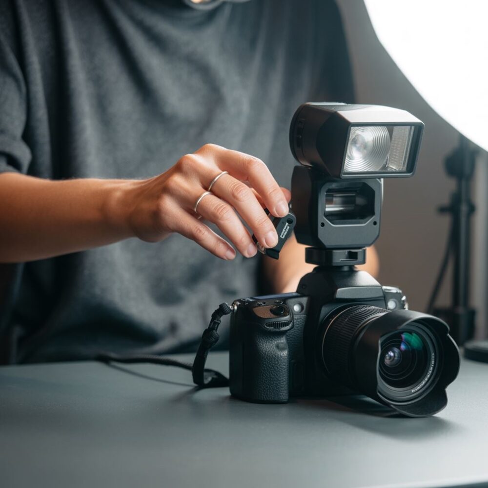 fotograf z lampą błyskową