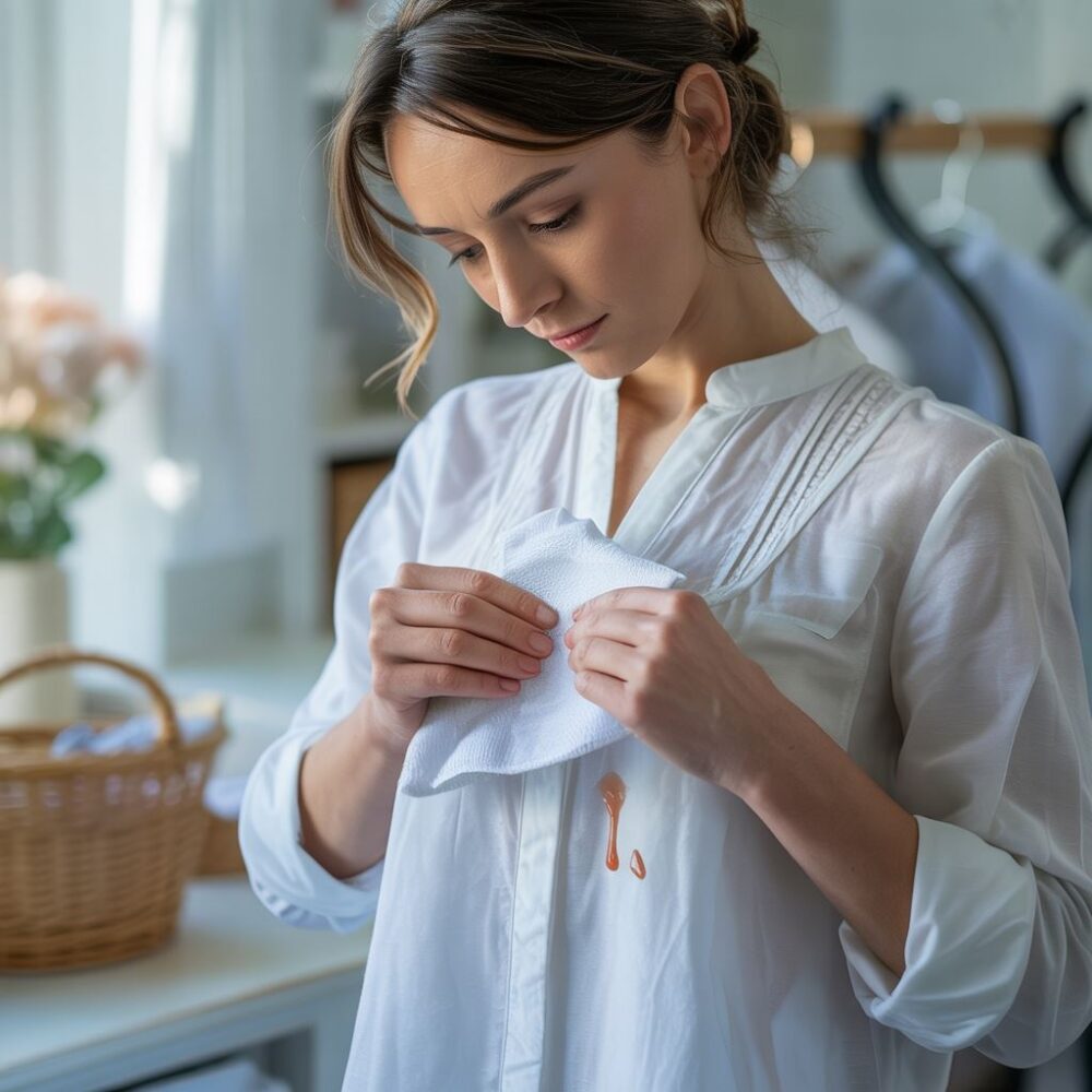 plama z fluidu na białej bluzce