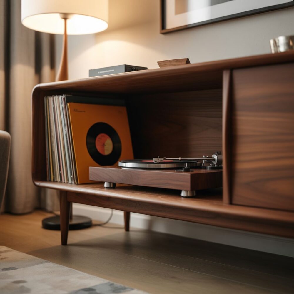 regał na winyle i gramofon