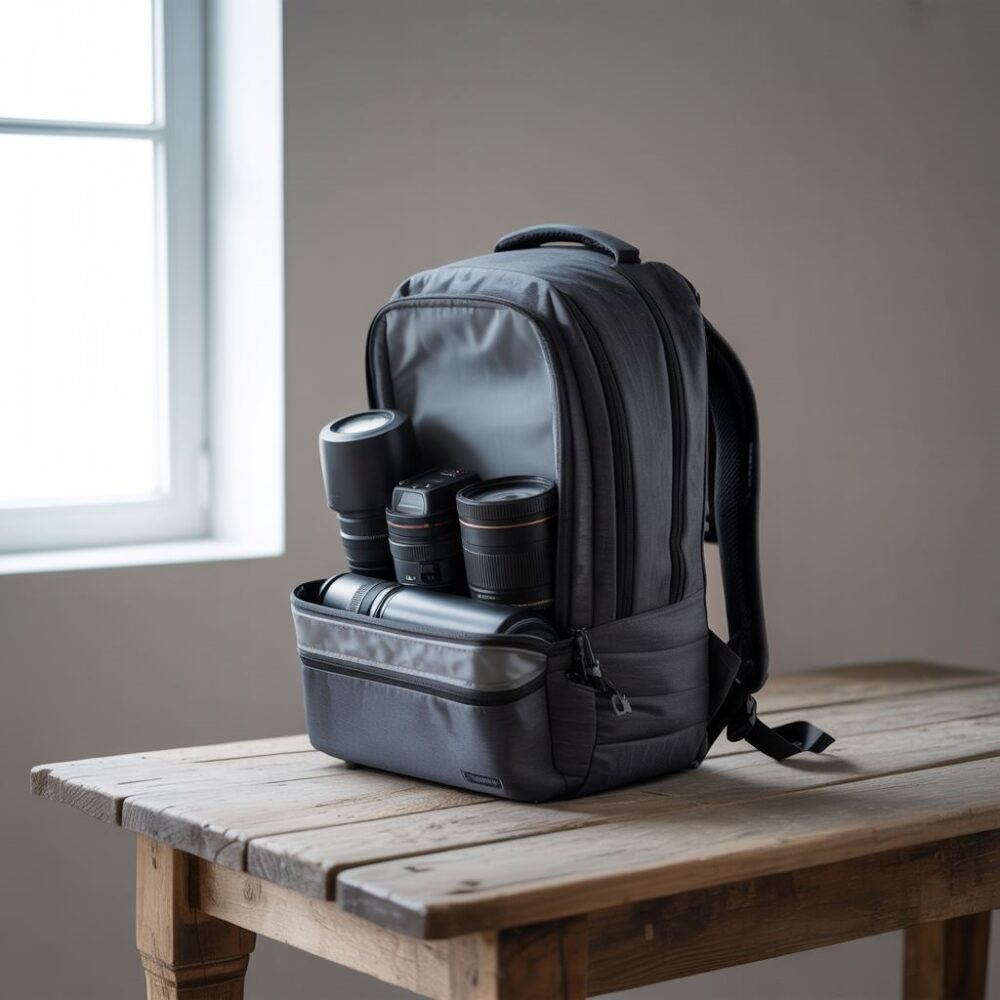 sprzęt fotograficzny przy plecaku